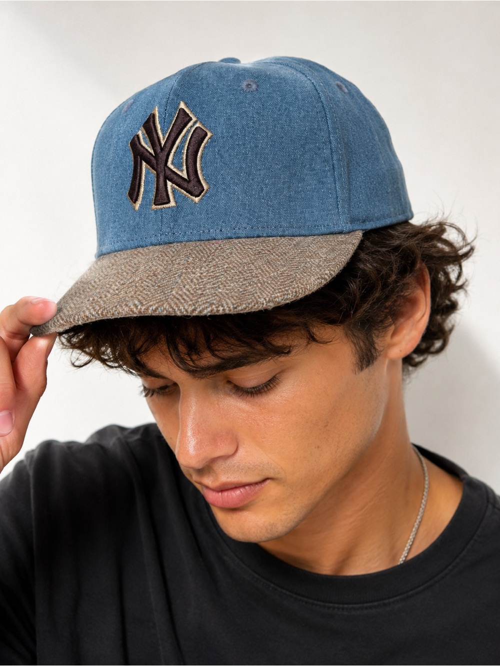 New Era New York Yankees 59Fifty Denim Fitted Hat Herringbone Tweed Visor Size 7